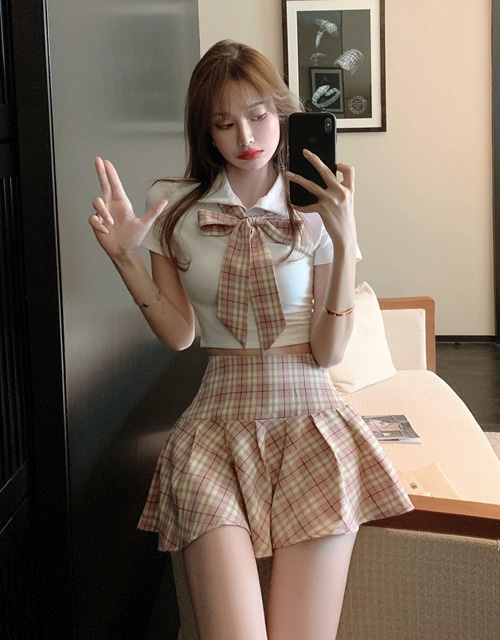 킨나 핑크 넥타이 흰 셔츠 + 체크 플리츠 스커트 교복 투피스 SET