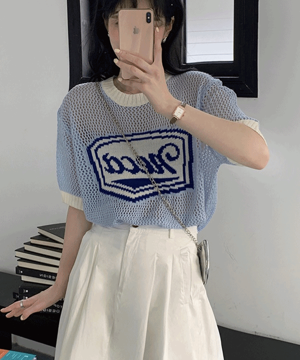 [유니크/색감대박]네카 그물 펀칭 시스루 배색 반팔 니트 티셔츠